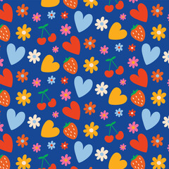 A retro-style seamless pattern with colorful hearts, strawberries, flowers, and cherries on a blue background. A fun design for children's textiles or summer decor.