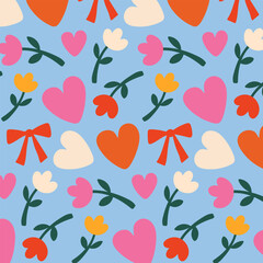 A seamless pattern with colorful hearts, flowers, and bows on a blue background, perfect for Valentine's Day, with cute design elements.