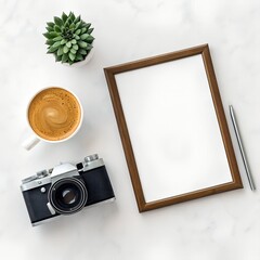 Flat lay composition featuring a vintage camera a cup of creamy coffee a small succulent plant and blank wooden picture frame mockup.