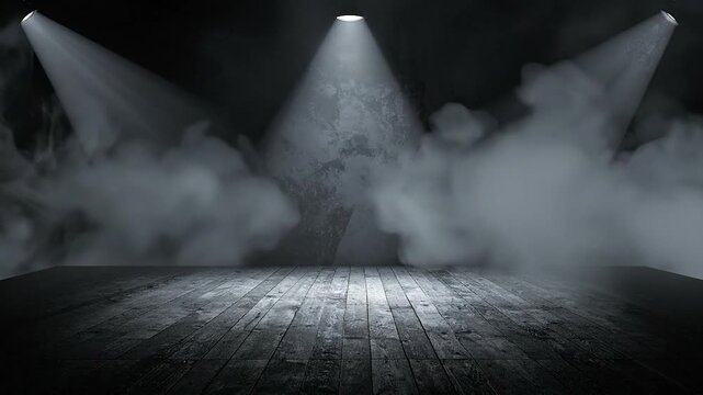 Dramatic stage scene with spotlight beams, smoke, and a wooden floor. Dark, moody and atmospheric