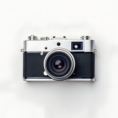 Vintage style rangefinder camera featuring silver metallic top plate and textured black leatherette body shown centered on a white background
