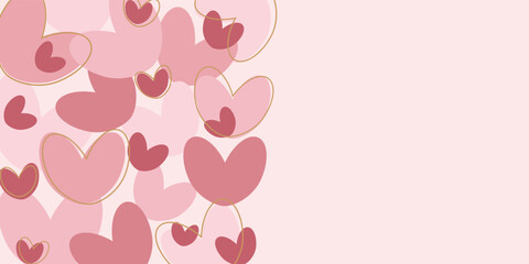 Pink hearts and gold lines, background with space for Valentine's Day text. Minimalistic romantic design element for a card or background.