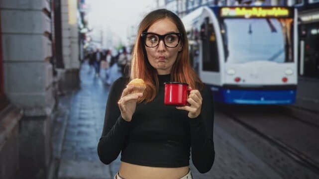 Woman holding a red mug and muffin, pouting with pursed lips and glasses near tram tracks on a busy city street; playful curiosity.