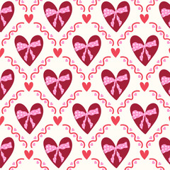 A romantic seamless pattern with heart-shaped gift boxes and pink bows. Red and pink elements are perfect for Valentine's Day, weddings, anniversaries, or greeting cards.