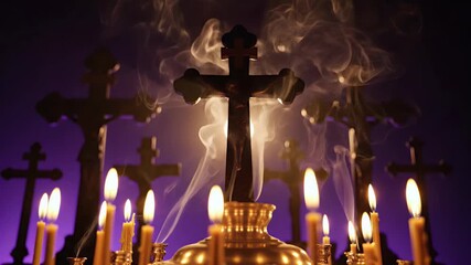 Orthodox Good Friday background with cross silhouettes candlelight glow and incense haze