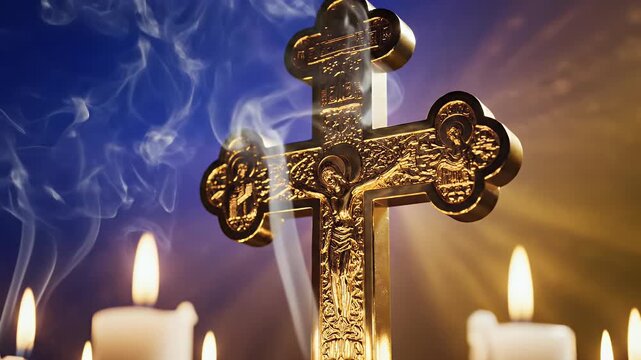 Orthodox spiritual background with ornate cross silhouette glowing candlelight for church design