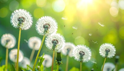 Close-up of dandelion clocks with seeds floating in sunlight