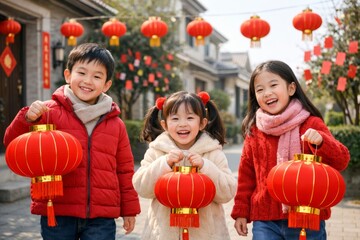 Fototapeta premium Three cheerful Asian children holding red lanterns, celebrating festivities outdoors in a vibrant, decorated setting.