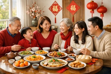 A joyful Asian family shares a festive meal, celebrating together in a warm, inviting dining space adorned with traditional decorations.