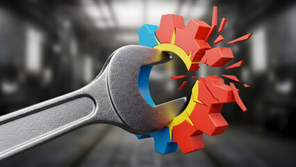 A wrench attempting to fix a broken colorful gear, symbolizing problem-solving