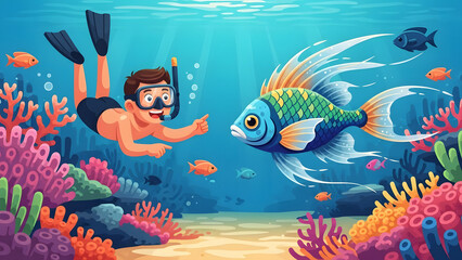 An illustration depicting a person scuba diving, exploring vibrant coral reefs, and interacting with colorful fish in the ocean. The scene is brimming with aquatic life and natural beauty