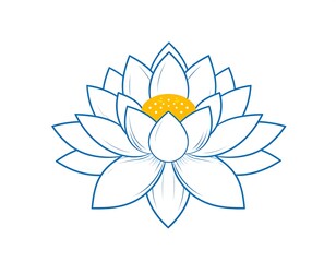 Simplified, clean graphic of a white lotus flower with blue outline