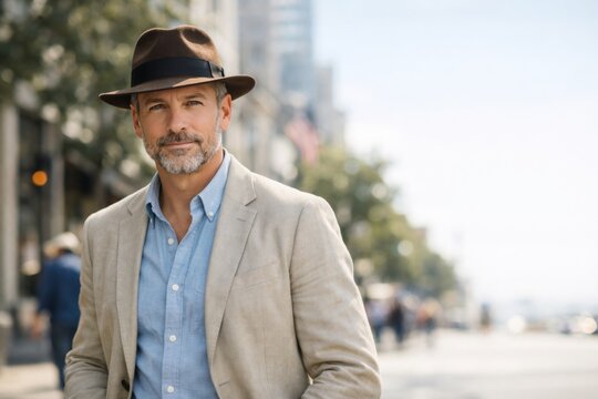 A stylish middle-aged man of Caucasian descent wearing a fedora and blazer, confidently posing on a bustling city street.