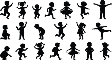 Black silhouettes of happy diverse children jumping, running, dancing, and playing in various active poses, isolated on white background, set.