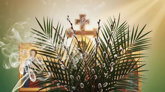 Palm Sunday Orthodox background with softly crossed palm leaves and gentle incense haze