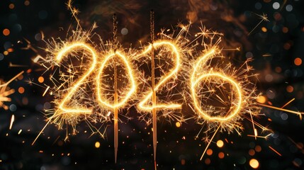 happy new year, new year's eve, silvester, new years eve, celebration greeting card, new year card - Year 2026 in sparkler font and firework fireworks pyrotechnic, isolated black night