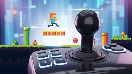 A joystick controller against a backdrop of a pixelated video game scene