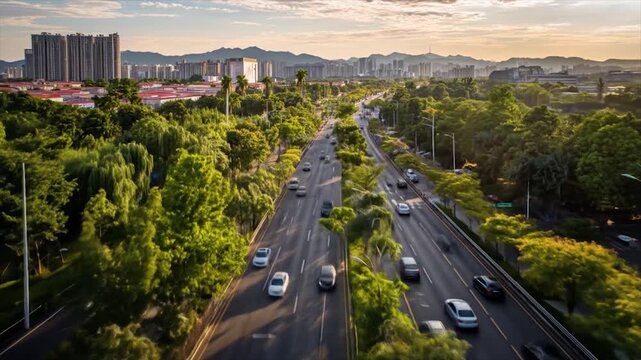 Aerial view of a multi lane road with passing vehicles and lush greenery