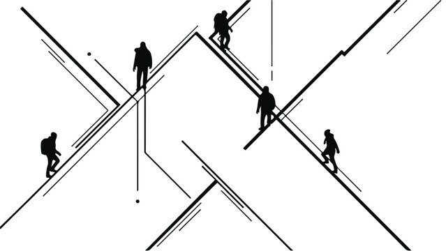 Adventurous hikers ascend stylized mountain peaks with determination and teamwork.