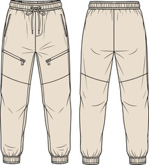 Neutral-Colored Technical Fleece Jogger Pants CAD Flat Drawing Vector Illustration for Activewear Apparel Fashion Design Template, Streetwear. © MdMojibar