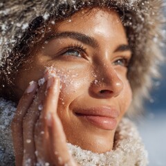 winter skincare routine woman applying rich moisturizer for hydrated glowing skin in snow

