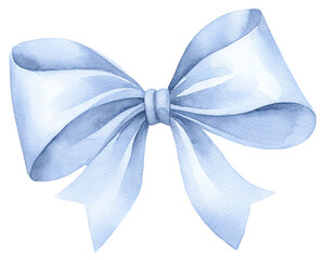 Elegant light blue ribbon bow on transparent background.