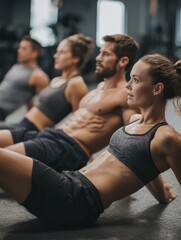 group of athletic adult men and women performing sit up exercises to strengthen their core abdominal muscles at fitness training no logos no brands ar 34