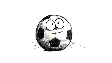 A doodle soccer ball with a playful, bubbly face, bouncing on a grassy field, isolated on a Transparent background