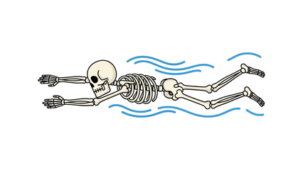 Humorous illustration of a skeletal figure gracefully swimming through wavy blue water, embodying themes of anatomy, health, and a playful approach to the human body
