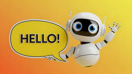 An AI robot greets with a Hello speech bubble, showcasing modern technology.