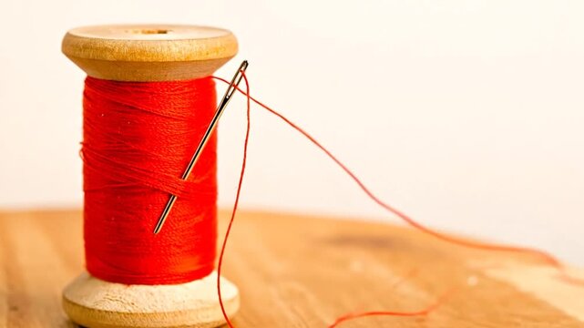 Close-up of a wooden spool with red thread and a needle threaded with a single strand