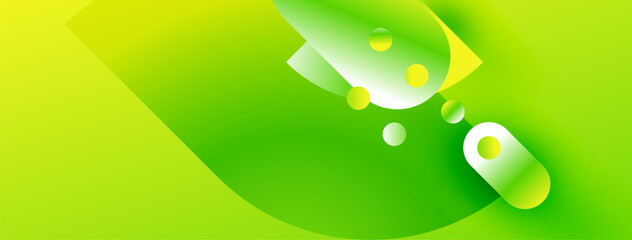 Abstract green design. Smooth gradients, rounded shapes create dynamic composition. Bright yellow accents add visual interest. Modern aesthetic.