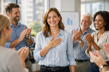 A smiling woman of Mediterranean descent is celebrated by her colleagues in a bright, modern office setting.