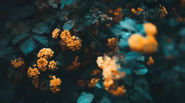 A vibrant botanical image, featuring clusters of yellow flowers against dark, blue-green foliage