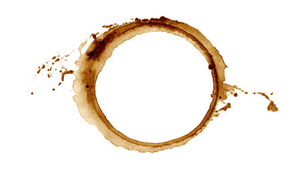 Coffee drink ring stain mark on transparent background showing splash and grunge texture elements, representing caffeine, morning routine, and accidental spills, png