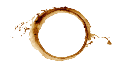 Coffee drink ring stain mark on transparent background showing splash and grunge texture elements, representing caffeine, morning routine, and accidental spills, png