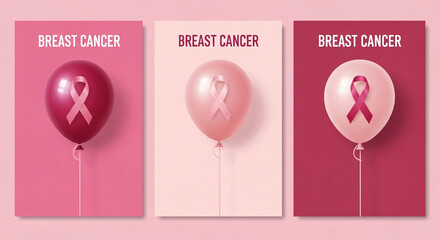Breast Cancer Awareness Month posters featuring pink balloons with symbolic ribbons, promoting women's health, early detection, and support for patients.