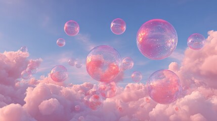 surreal pink bubbles in dreamy pastel cloudscape against vibrant blue sky