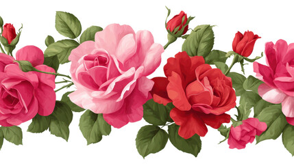 Repeating seamless border with pink and red blooming roses, green leaves, and buds, ideal for romantic and natural design elements, transparent background, png