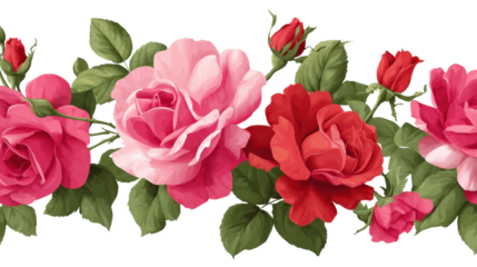 Repeating seamless border with pink and red blooming roses, green leaves, and buds, ideal for romantic and natural design elements, transparent background, png