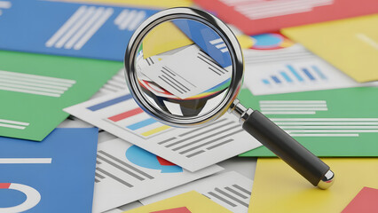 Magnifying glass over documents with charts and graphs, representing data analysis and research. A scene of focus and investigation