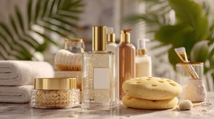 photorealistic still life featuring a skincare routine focused on hydrating products the scene includes bottles sponges and decorative elements for a luxurious pampering spa experience at home