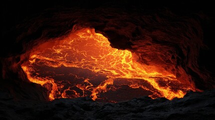 Molten magma glowing with intense heat within a volcanic formation, showcasing raw geological power and natural energy.