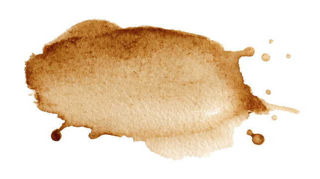 Abstract watercolor coffee stain creating a textured brown blotch, splashing drops and liquid spill pattern, isolated on a transparent background, perfect for distressed graphics, png
