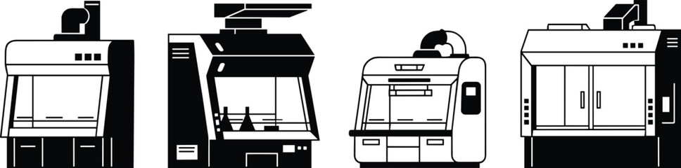 Laboratory fume hood silhouette set for scientific research medical equipment and chemical analysis.