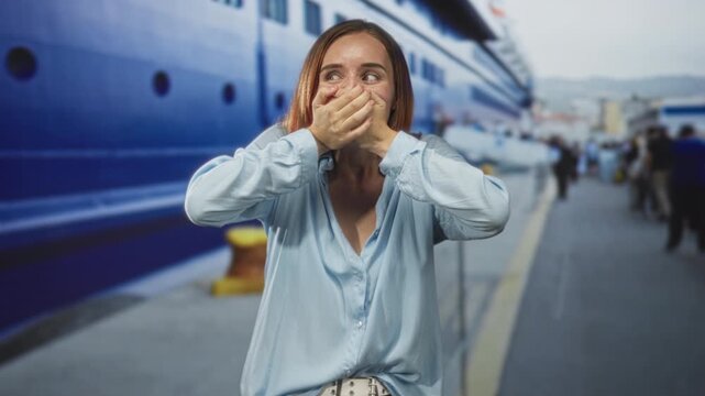 Young woman covering her mouth with hands on street beside a blue cruise ship pier, light blouse and tearful surprised expression; surprise reunion.