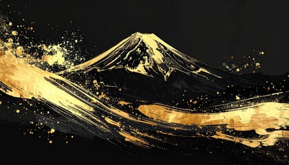 Obraz premium シャンパンゴールド輝く力強い墨絵富士山背景