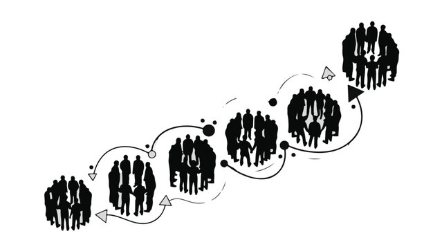 Silhouettes of growing groups of people forming a chain of progress and collaboration