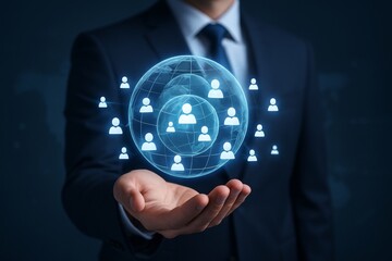 Businessman holding holographic globe with connected people icons symbolizing global network, communication and digital human resources concept. Ai generative