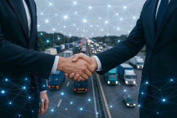 Business handshake between two men in suits with a highway full of trucks in the background and a digital network overlay concept of smart logistics. Ai generative